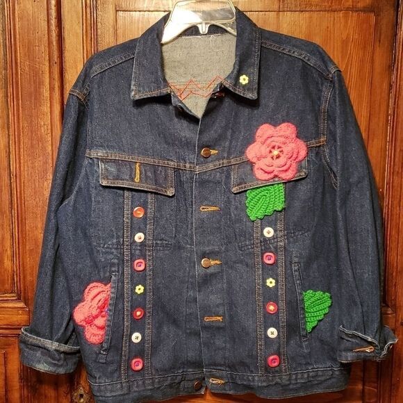 Vintage Denim Jacket Crochet Cross stitch Flowers - Picture 2 of 8
